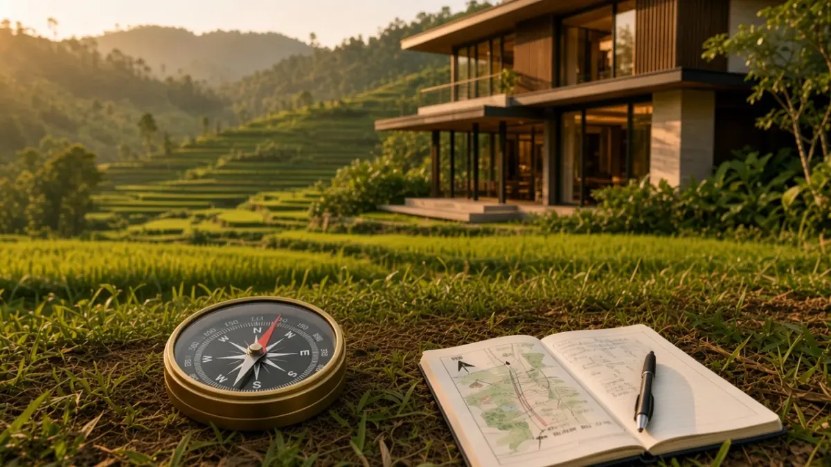 Minh hoạ bước khảo sát đất: la bàn và sổ ghi chép hiện trạng tại mảnh đất